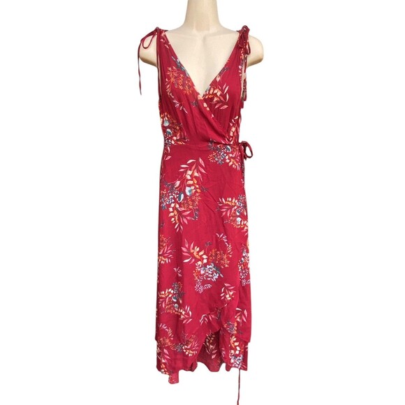 Lulus Amal Floral Wrap Maxi Dress M Burgundy V-Neck Hi-Low Summer Party Wedding - Picture 4 of 11